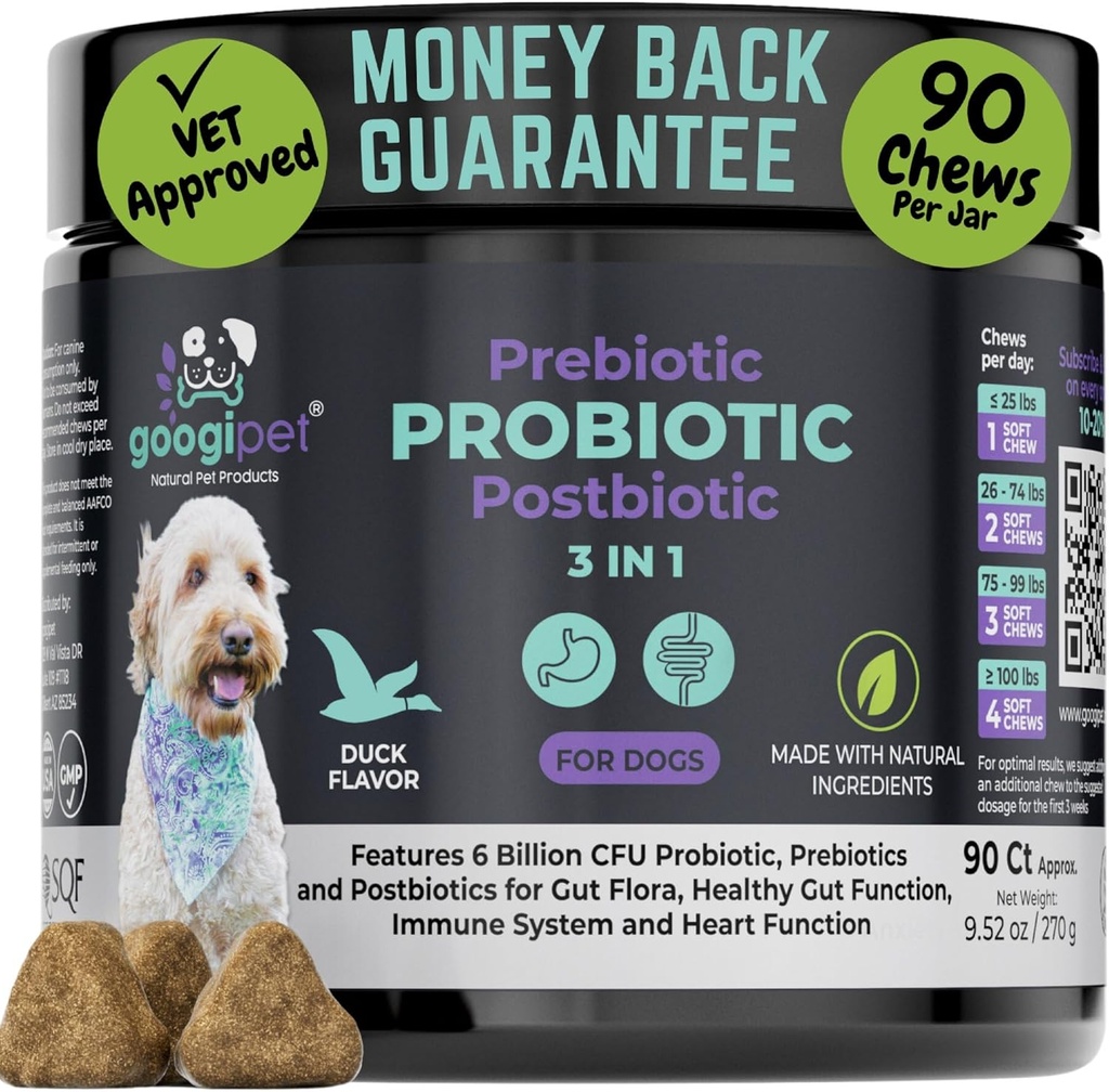 Probiotiques Googipet pour chiens Santé digestive - Prébiotiques et probiotiques Chews pour chiens Santé Gut + Enzymes digestifs - Probiotiques pour chiens pour la peau démangeaisons de levure Oreilles avec/Papaya, citrouille et fibre