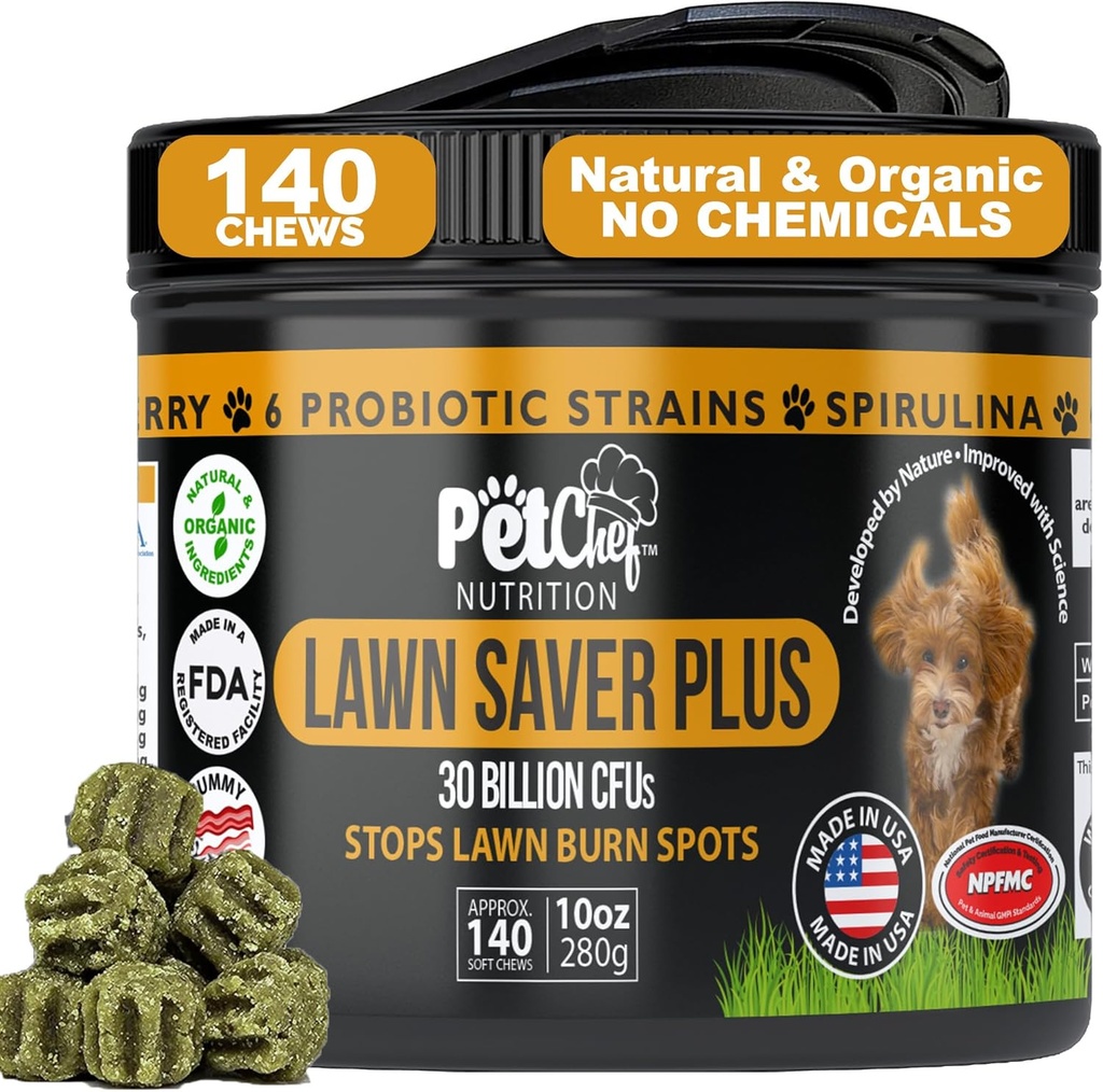 Animal Chef de pelouse Saver, Soft Chew, Bacon végétalien ! Canine Urine Yard Stopper. Neutraliseur d'urine pour chien PH. Bâtit des triages, protège les dommages aux végétaux et aide à faire pousser les triages. Prévient les dommages causés par le pipi de la cour