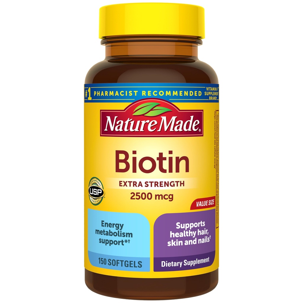 Nature Made Biotin 2500 mcg Extra Strength, compléments Biotin soutiennent cheveux sains peau et ongles, 150 Softgels, 150 jours d'approvisionnement