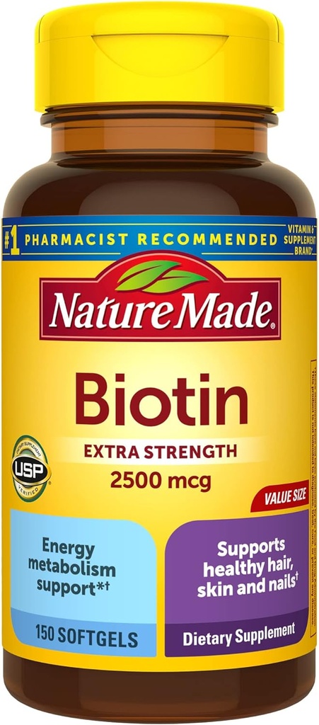 Nature Made Extra Strength Biotin 2500 mcg, complément alimentaire pour les cheveux sains, la peau et le soutien des ongles, 150 Softgels, 150 jours d'approvisionnement
