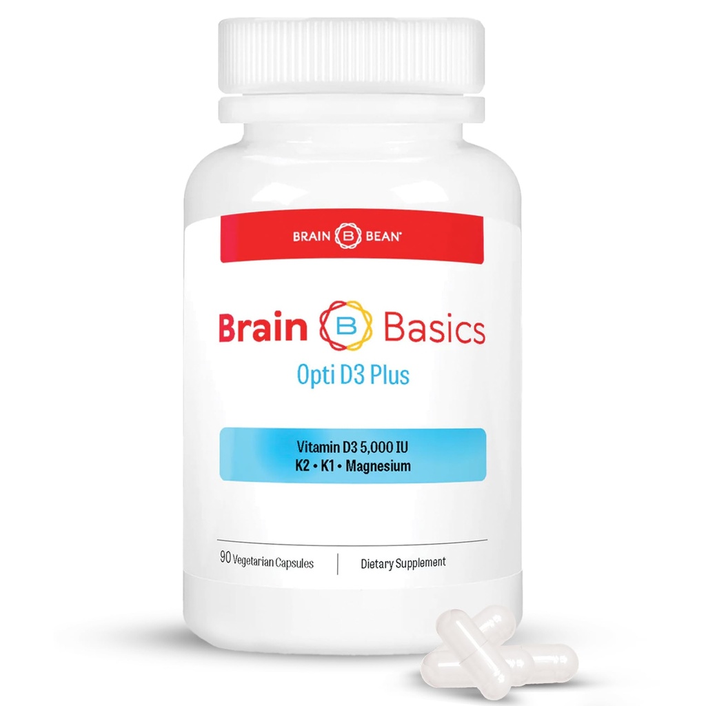 Cerveau de base Opti D3 Plus - Vitamine D3 5000 UI avec K1, K2 et Magnésium - Supplément de soutien du cerveau pour l'humeur, l'esprit, la mémoire - Os, les muscles et la santé immunitaire - sans gluten, sans soja et sans lait
