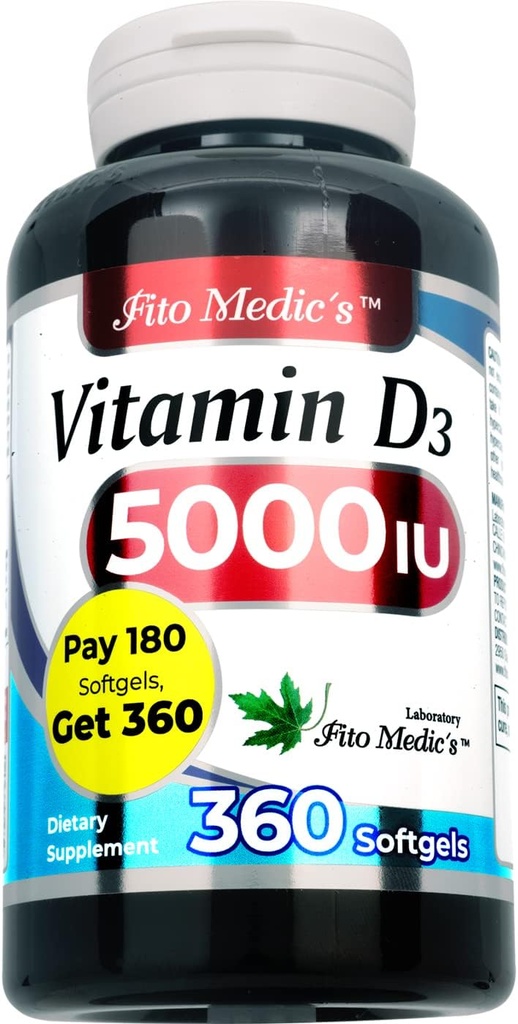 FITO MEDIC'S Lab - Vitamine d - 5000 UI de - Vitamine d3-360 Softgels - Vitamine d3 5000 iu - pour Bone, Dents, Muscles et Immune Soutien Santé, Ultra haute Absorption, Vitamine d3.