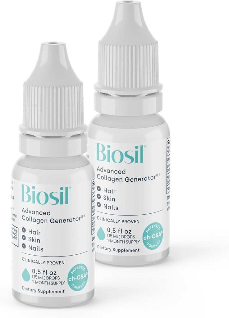 Supplément de booster de collagène biosil - 0.5 fl oz gouttes, pack de 2 - Activateur breveté ch-OSA pour la peau, les cheveux, les ongles et les articulations - Supporte la production naturelle - 60 jours d'approvisionnement