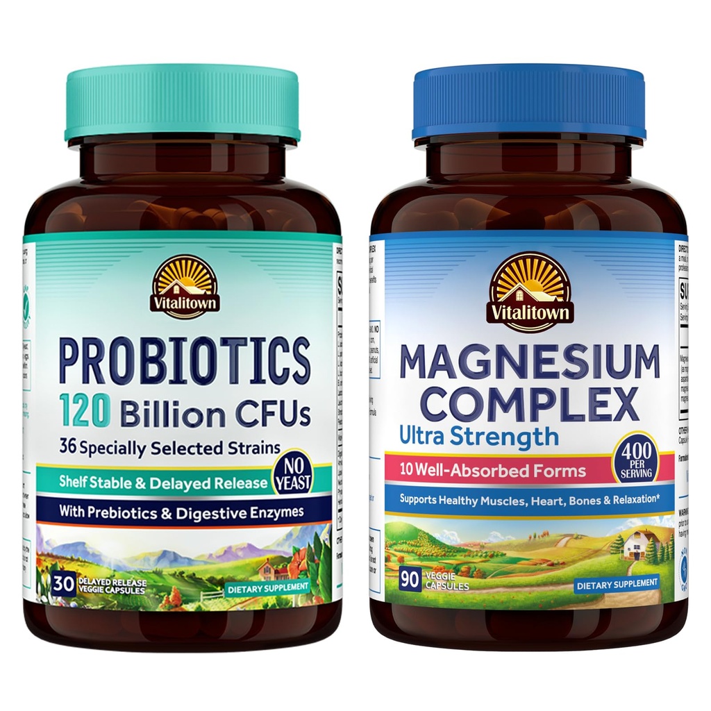 Vitalitown Probiotic + Magnésium Bundle (paquet de 2) , 120 milliards de probiotiques (poste 1) et complexe 6-en-1 de magnésium (poste 2) , Gut, os, muscles, santé du sommeil , Vegan , 30 capsules et 120 capsules