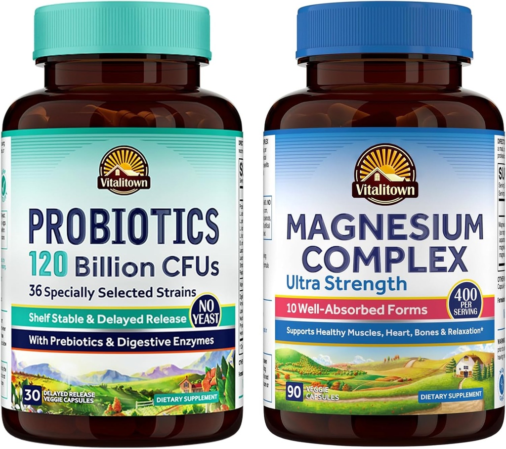 Vitalitown Probiotic + Magnésium Bundle (paquet de 2) , 120 milliards de probiotiques (poste 1) et complexe 6-en-1 de magnésium (poste 2) , Gut, os, muscles, santé du sommeil , Vegan , 30 capsules et 120 capsules