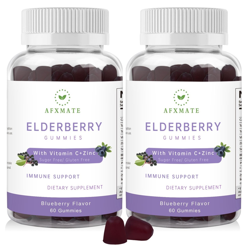 Sambucus Gommies de mûre aînée, Gommy de mûre aînée noire avec du zinc et de la vitamine C pour les adultes, sans sucre pour les enfants Multivitamine Gommies Immune Support* Supplément (2 Pack)