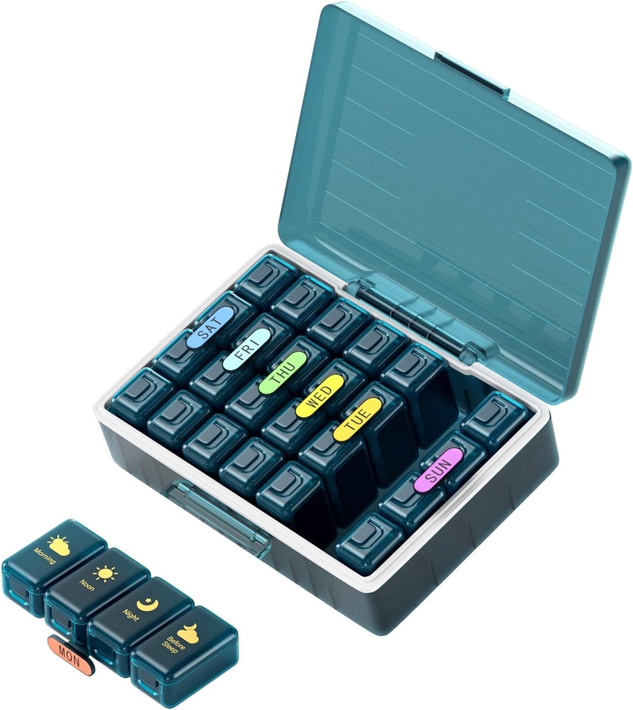 Organisateur hebdomadaire de pilules 4 fois par jour, grand compartiments Pill Box 4X 7 jours, organisateur de médicaments Cas de pilules pour pilules/vitamines/huiles de poisson/médication/compléments (4x7 bleu)