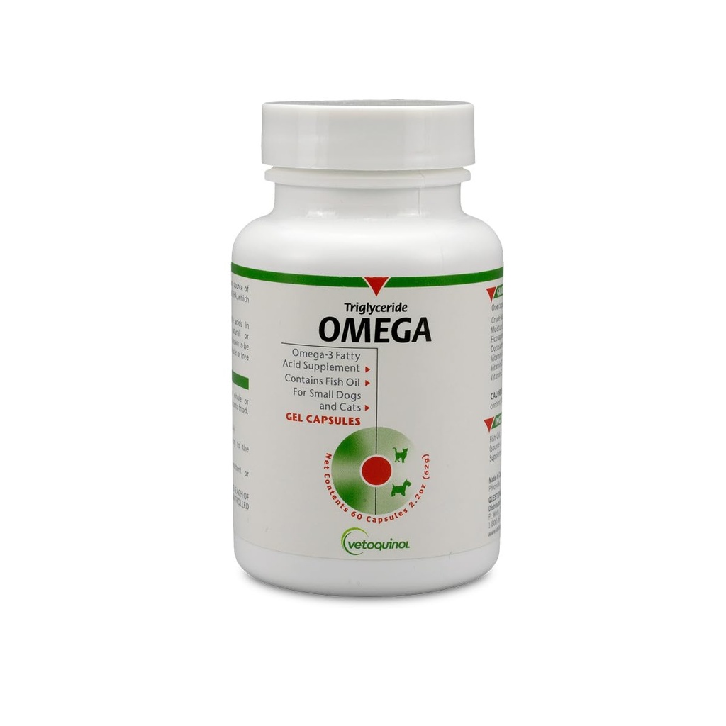 Vétoquinol Triglycéride Omega 3 Supplément pour chiens et chats, supplément d'huile de poisson avec EPA et DHA, favorise la peau, le manteau, les articulations et la santé immunitaire, Omega 3 Huile de poisson pour chiens et chats jusqu'à 30lbs, 60ct