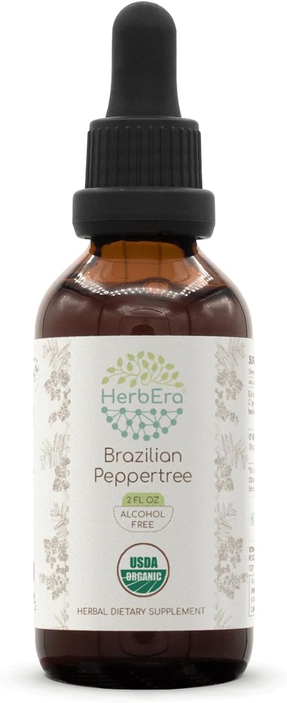 HerbEra Brésilien Peppertree B60 USDA Teinture biologique (extrait sans alcool, gouttes à base de plantes de haute puissance) Certifié Bio Brésilien Peppertree (Schinus terebinthifolius) Fruit séché (2 oz)