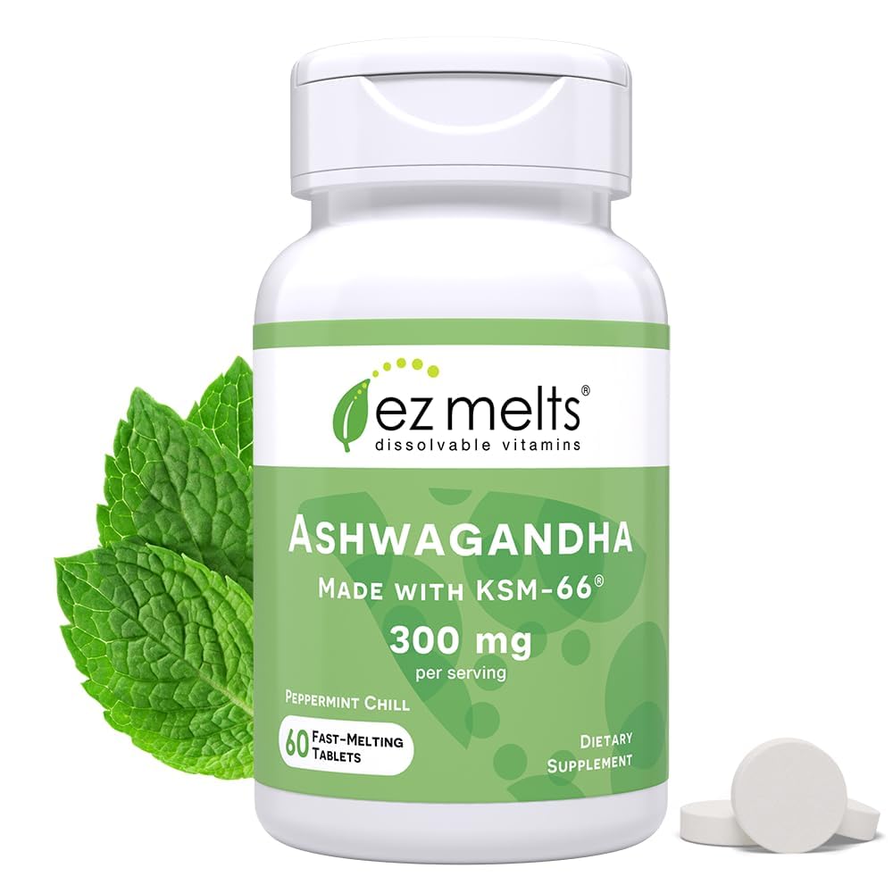 EZ Melts Dissolvable KSM-66 Ashwagandha, 300 mg, sans sucre, supplément de soutien de stress, de sommeil et d'humeur, 30 jours d'approvisionnement, mousse de menthe poivrée - 1 paquet