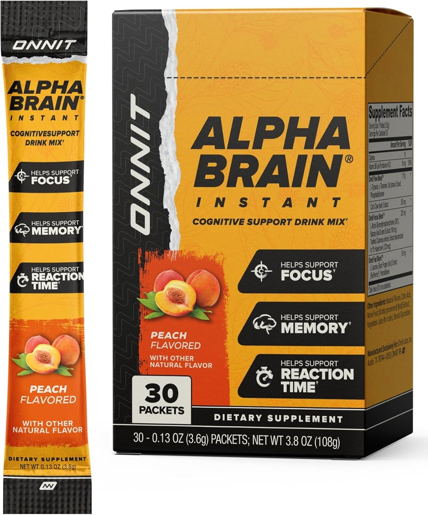 ONNIT Alpha Cerveau Flavor instantané de pêche - Supplément mémoire boosteur de cerveau nootrope - pour Focus, Energy & Clarity - Alpha GPC Choline, Cats Claw, L-Theanine, Bacopa - 30ct