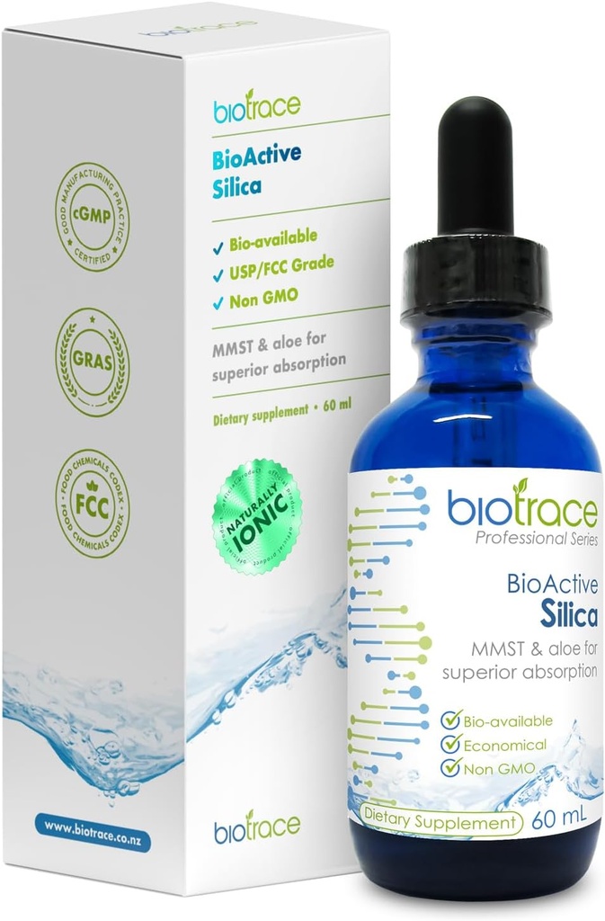 Biotrace BioActive Silica Drops : concentré minéral liquide pour une production saine de cheveux, de peau, d'ongles et de collagène.