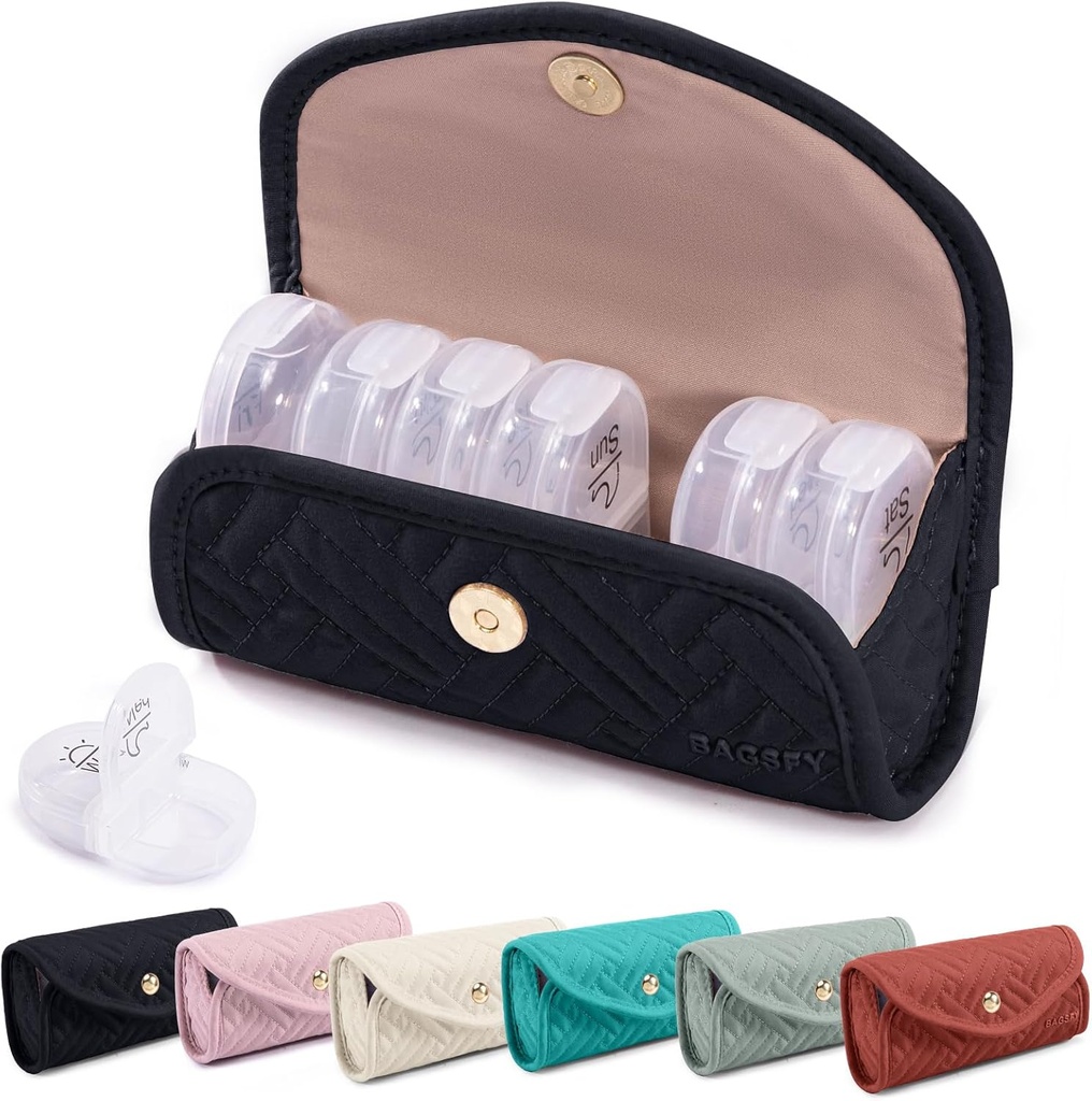 BAGSFY Weekly Pill Organizer 2 fois par jour dans une coque en tissu mignon, Sac de médecine, AM PM Pill Box 7 Day, Portable Medicament Travel Case pour les pilules, vitamines, huiles de poisson, suppléments.