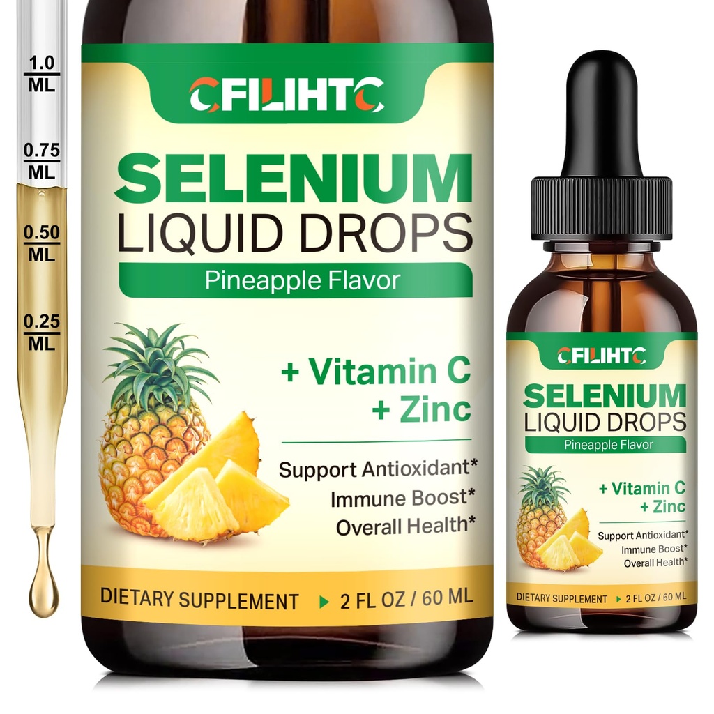 Sélénium Liquid Drops, supplément de sélénium liquide de 200 mcg avec vitamine C et zinc, soutien du système immunitaire, antioxydant et santé cardiaque, haute absorption, ananas, 2 Fl Oz