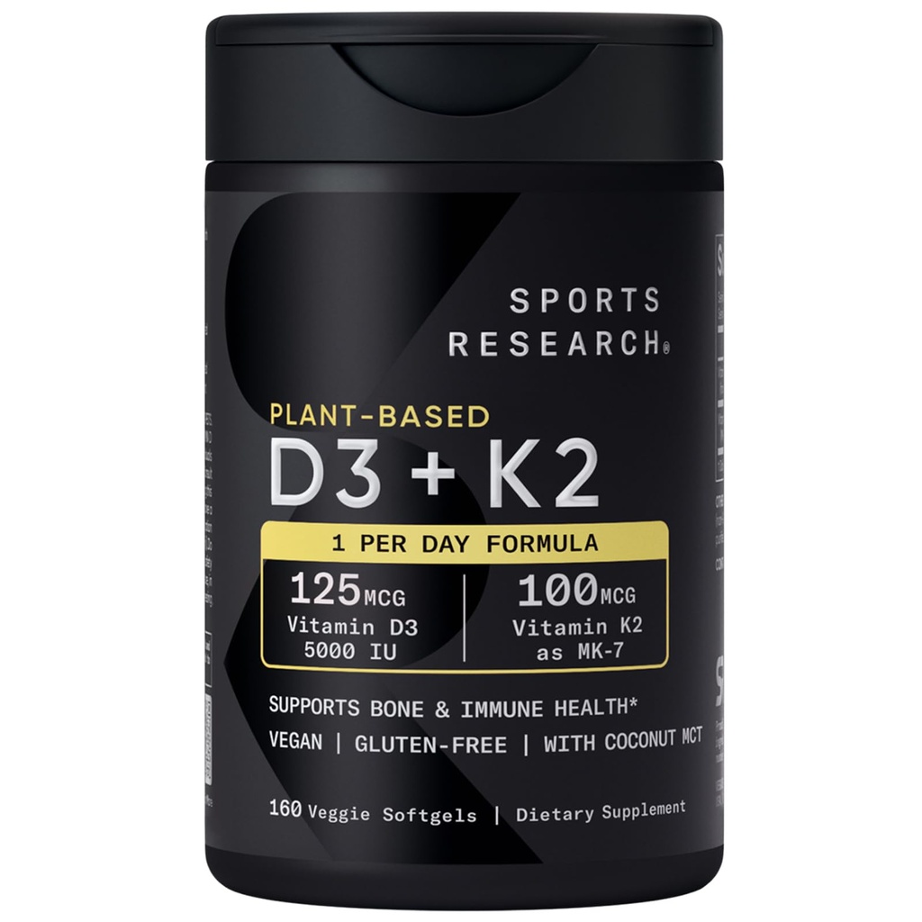 Sports Research Vitamin D3 K2 with 5000iu of Plant-Based D3 & 100mcg of Vitamin K2 as MK-7, Non-GMO Verified & Vegan Certified - 160 Liquid Softgels