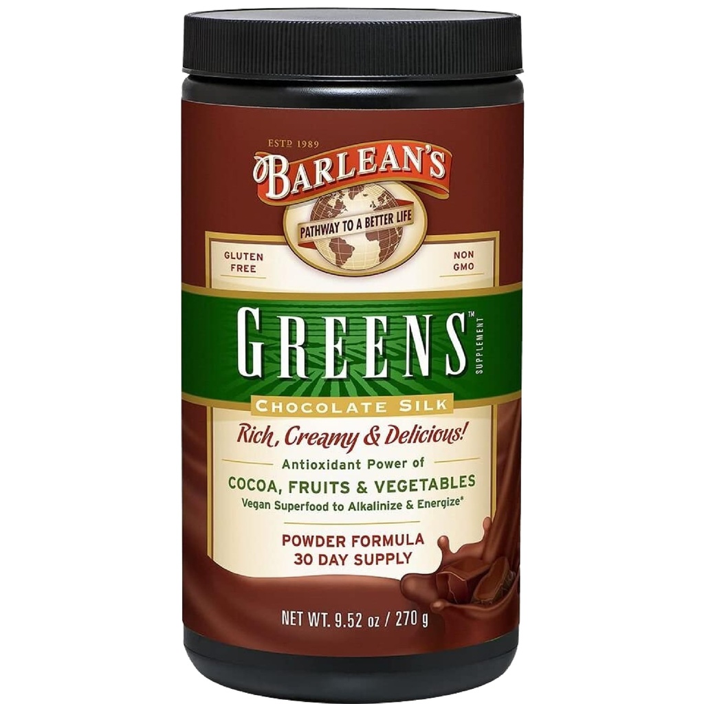 Barlean's Chocolate Greens Poudre, supplément alimentaire quotidien aux fruits et légumes, mélange antioxydant vert et mélange de smoothie fibre, 9,52 oz