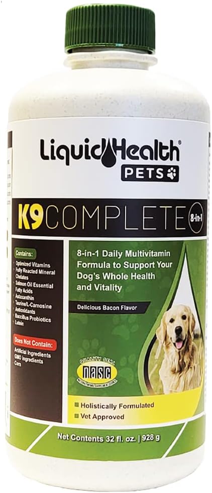 Animaux de compagnie LIQUIDHEALTH K9 Multivitamine liquide 8-en-1 complète pour chiens et chiots adultes seniors, tous en une formule complète Vitamines canines pour la peau et le manteau, santé articulaire, soutien immunitaire - USA Made (32 oz)
