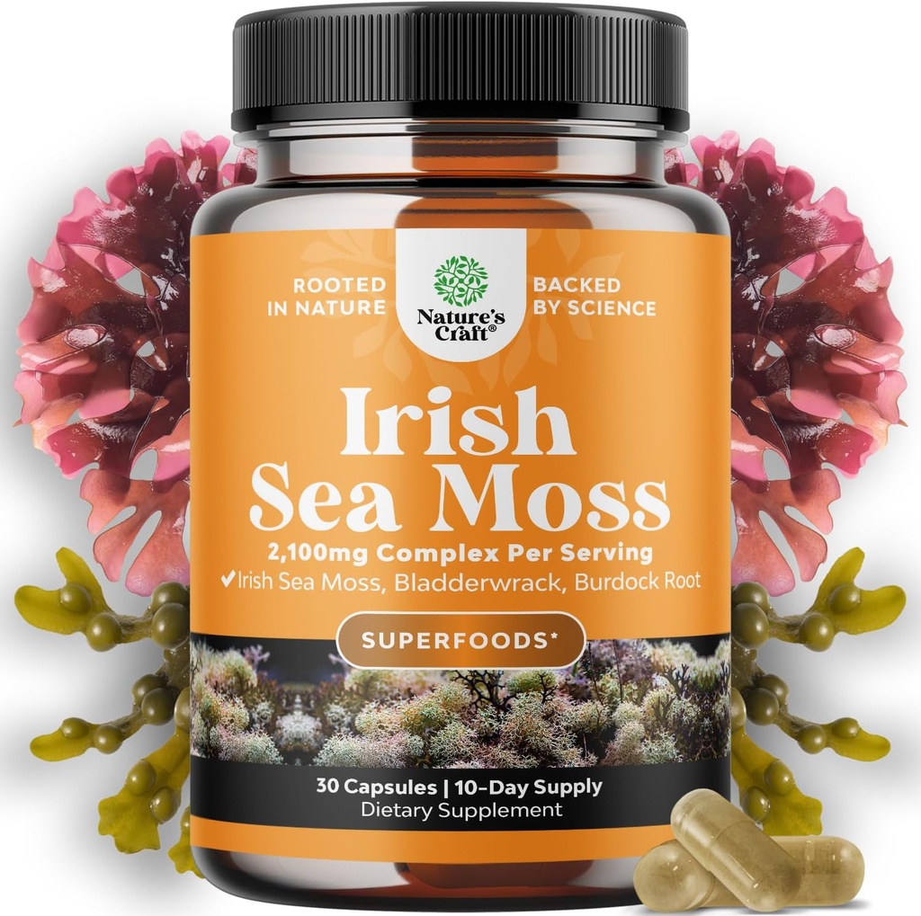 Capsules de mousse de mer Irlandais bio - Capsules de mousse de mer et Bladderwrack avec burdock Root Superfood Blend pour Immune Soutien Santé cardiaque Fertilité Joint Santé et Thyroïde Soutien pour les femmes et les hommes