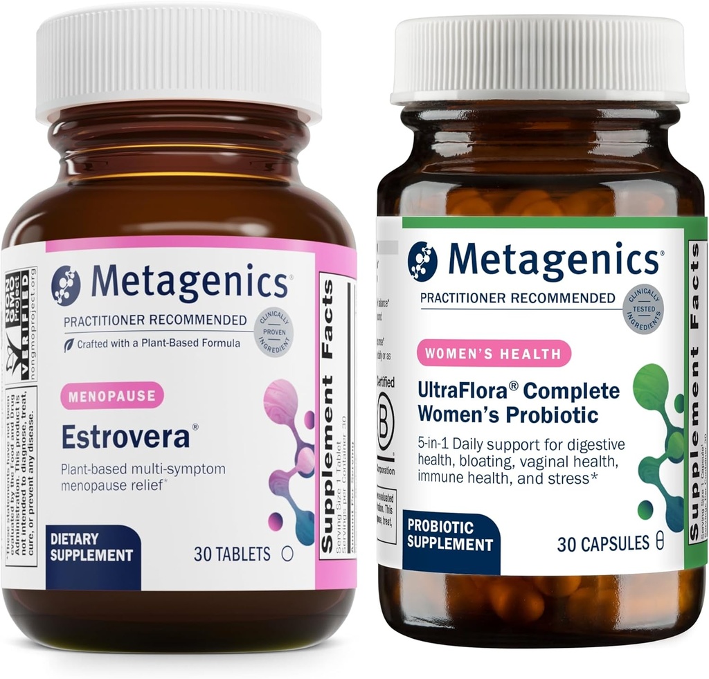Métagène HerWellness Estrovera (30 comprimés) et UltraFlora Complete Probiotique pour femmes (30 capsules) - Soutien à la ménopause sans hormones - Aides à la santé digestive