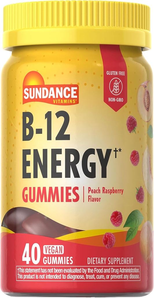 Sundance Vitamin B-12 Energy Gummies | 40 Count | Peach Raspberry Flavor | Vegan, Non-GMO, and Gluten Free Supplement