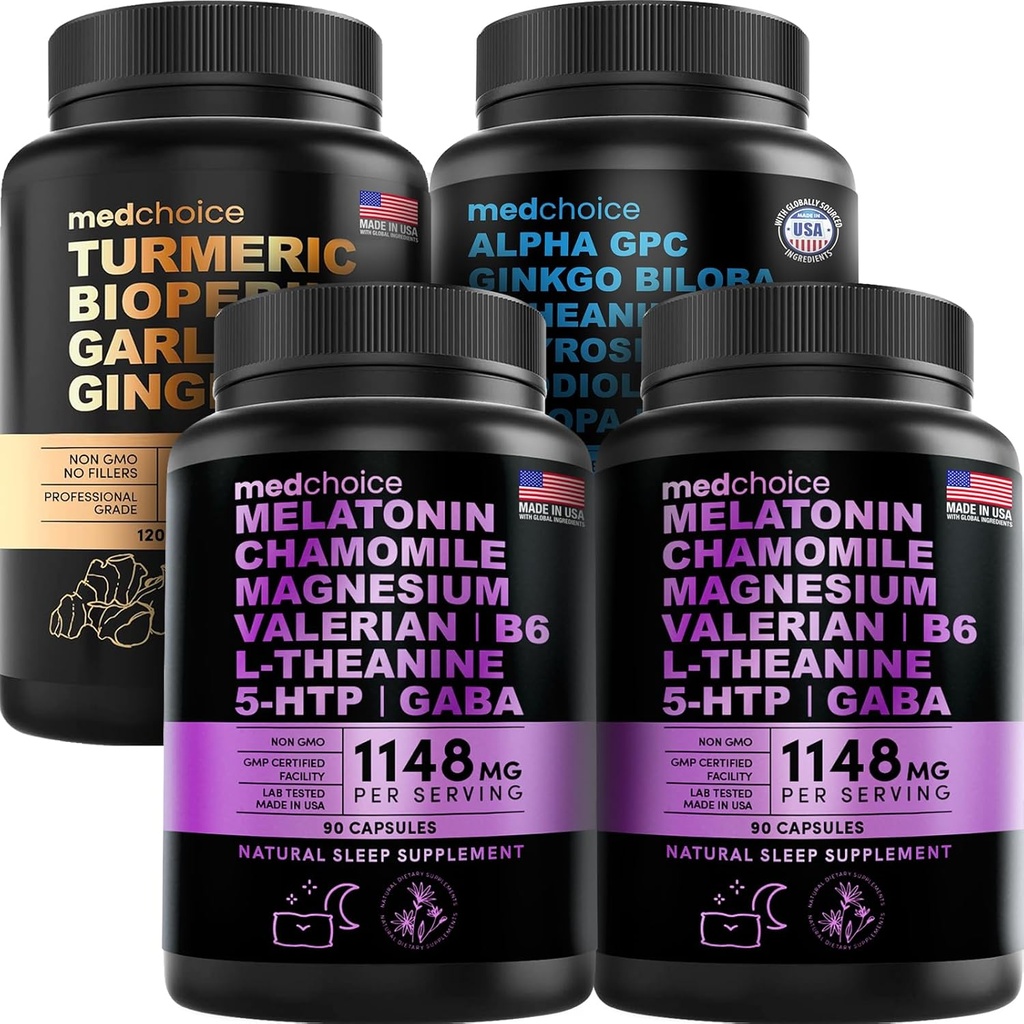 MEDCHOICE Turmeric & Ginger (120ct), Sleep Melatonine (180ct) et Cerveau Nootropique (60ct) Supplément Ensemble - Wellness Trio pour le cerveau, le sommeil et le soutien immunitaire - Vegan, non-OGM, sans gluten