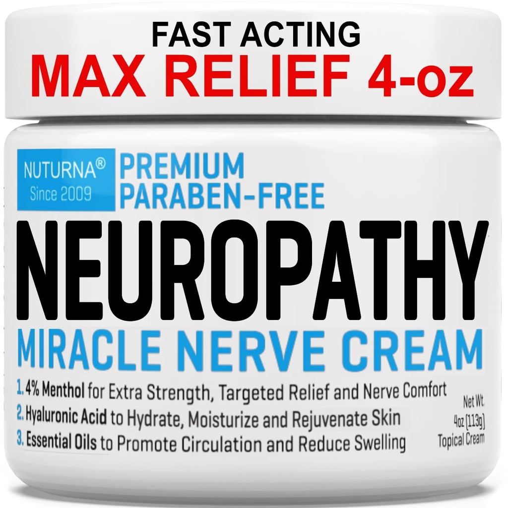 Neuropathie Nerve Relief Cream - Premium Nerve Cream 3X Action pour le soulagement ciblé et le confort de la nerve apaisante - Force maximale avec 4 % d'Arnica MSM menthol pour les pieds Jambes orteils et dos - Large 4 Oz