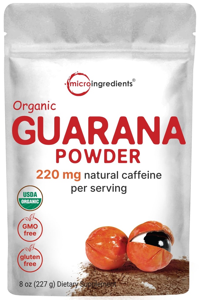 Micro Ingrédients Poudre de Guarana biologique 1000mg par portion, 8 Ounces 220mg Energisant de caféine naturelle, Extrait à base de plantes brésiliennes, Raw, Bulk Superfood, Substitut de café, Vegan Friendly, & Non-OGM