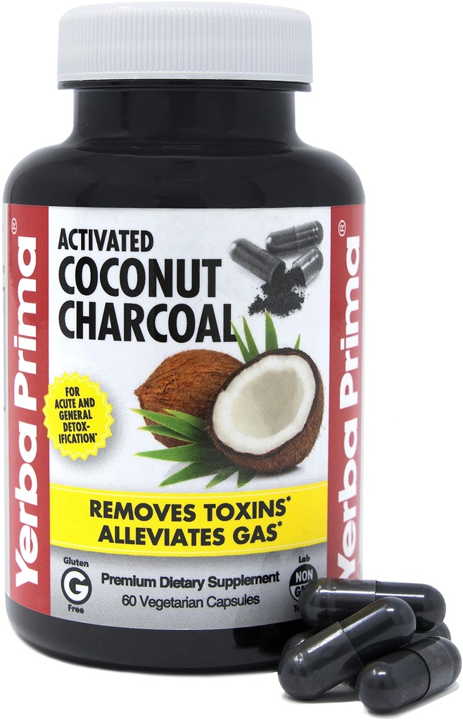 Yerba Prima Activated Coconut Charcoal, 60 Capsules - Detox naturel - Végétarien, Végétarien, Sans gluten, Non OGM