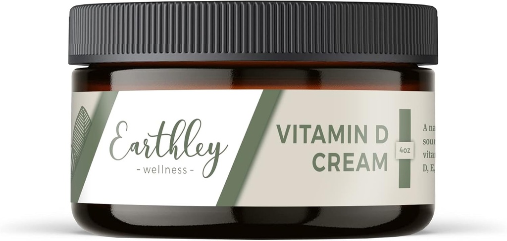 Earthley Wellness Vitamine D Cream, Vitamine naturelle topique D avec les vitamines A, D et K2, Santé du coeur, Santé de la peau et grossesse, Base d'huile de foie de morue (4 oz, Crème de vitamine D)