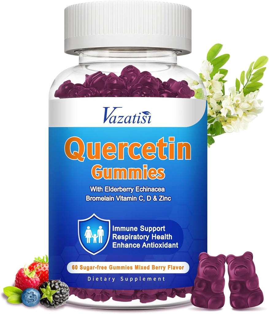 Quercetin avec Gummée de Bromelain, Quercetin 1200MG avec vitamine C Zinc & Elderberry pour système immunitaire et allergie, Gummées à croquer et végétalien, 60 Cts