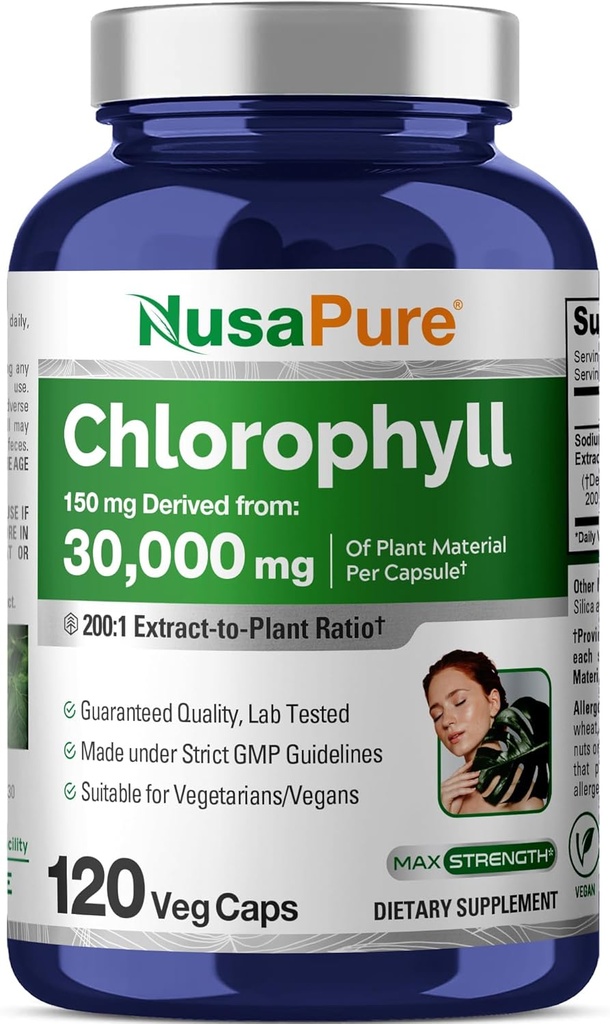 NusaPure Chlorophylle 200:1 Extrait, 150 mg Équivalent à 30 000 mg par gélule 120 Caps végétariens (non OGM, végétalien)