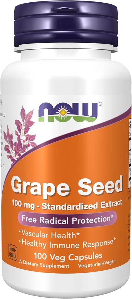 NOW Supplements, Grape Seed 100 mg - Standardized Extract, Highly Concentrated Extract with a Minimum of 90% Polyphenols, with Vitamin C, 100 Veg Capsules