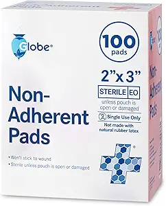 Globe Sterile Non-Adherent Pads, (100-Pack), 2-- x 3--Dressing Blessure non-adhésive. Très Absorbant et non-brillant, suppression-switch sans douleur. Enveloppé individuellement pour une protection supplémentaire (2 x 3)