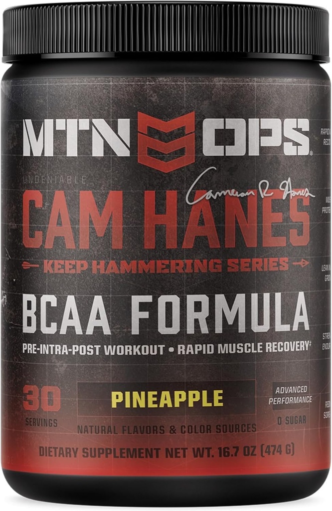 MTN OPS Cameron Hanes BCAA Powder Keep Hammering Series, 2:1:1 Amino Acides Supplément poudre pour la récupération rapide des muscles et la réparation avec zéro sucre et sans gluten - 30-Serving Tub