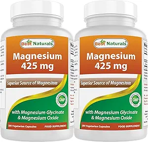 Meilleures capsules de magnésium naturel 425 mg 180 Véggie - Glycinate de magnésium et oxyde de magnésium à haute absorption Chélaté, non-OGM, Muscle sans gluten Relax (180 Nombre (paquet de 2))