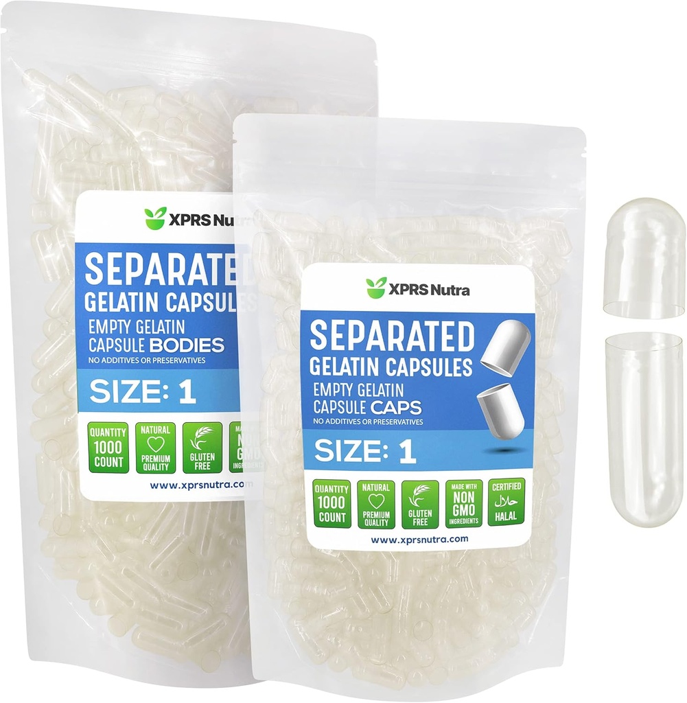 XPRS Nutra Taille 1 Capsules séparées en gélatine - 1000 capsules vides de comptage séparées dans des sacs - pilules vides claires pour le remplissage de supplément de bricolage
