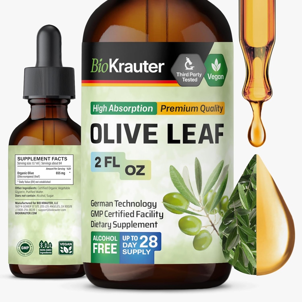 BIO KRAUTER extrait de feuille d'olive liquide - Teinture de feuille d'olive pour le soutien immunitaire - sans alcool et sans sucre - gouttes végétaliennes 2 Fl.Oz.