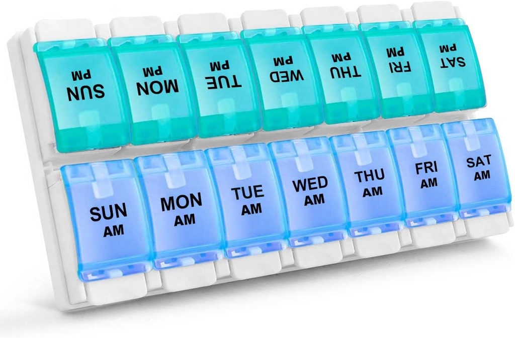Sukuos AM PM Weekly 7 Day Pill Organizer, 2 Times A Day Pill Box with Arthritis Friendly Push Button, Medicine Cases for Vitamin/Fish Oil/Supplements, Easy to Clean (Cyan&Blue)