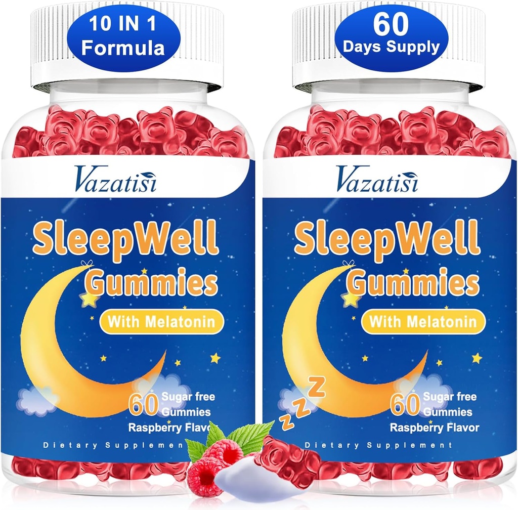 Gummies de sommeil pour les adultes et les enfants - Sans sucre Mélatonine Gummies avec Magnésium, L-Theanine, Vitamine B12, Vegan - Aromatisé aux framboises, 120 Cts