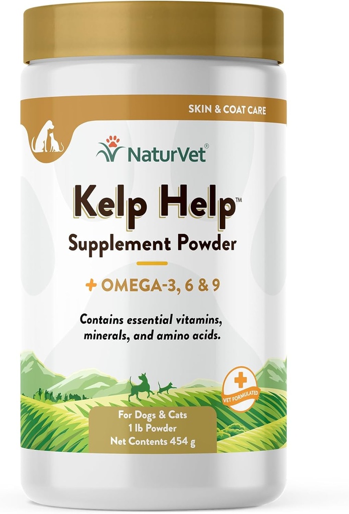 NaturVet Kelp Help Plus Omega Skin and Coat Supplément pour chiens et chats, poudre, fabriqué aux États-Unis avec des ingrédients à la source mondiale 1 livre