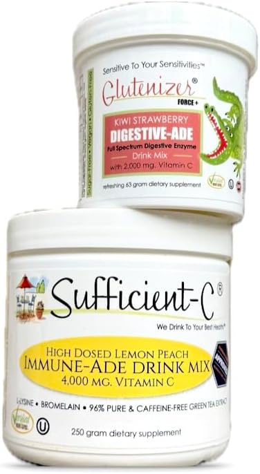 Suffisamment-C 250 grammes Lemon Peach Immune-ade Drink Mix & Glutenizer Force Plus Kiwi Strawberry Digestive-ade Drink Mix - Bundle Savings