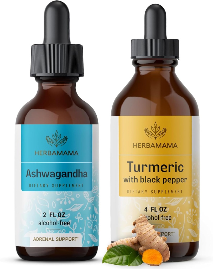 HERBAMAMA Herbal Liquid Drops Kit - Ensemble d'extrait de racine d'Ashwagandha et de curcuma avec Teinture de poivre noir 2 fl oz - végétalien, non-OGM, sans sucre et sans alcool - 2 Pack