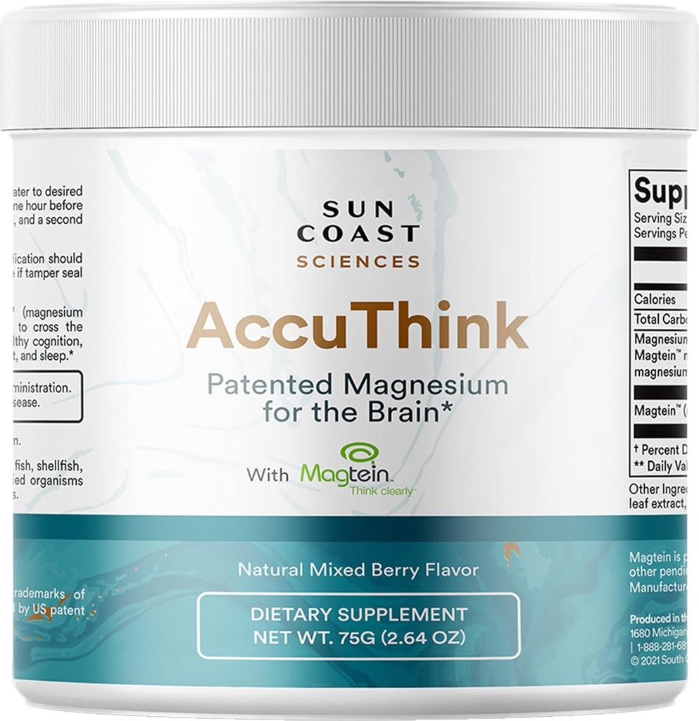Sun Coast Science Sun Coast Sciences AccuThink - Breveté Magnésium Cerveau - 2.64oz Supplément Mémoire Cerveau Santé, Sommeil, Mood Boost - Supplément de soutien cognitif Magnésium Thréonate Vitamine C