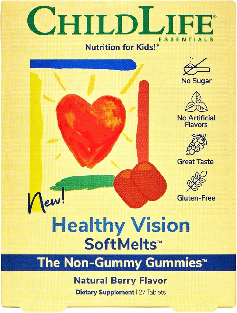 ESSENTIELS ENFANT Vision saine SoftMelts - Vitamines oculaires pour les enfants, Gommies de lutéine, Suppléments de lutéine et de zéaxanthine, Gommies de santé oculaire, Lutéine pour enfants, Grand goût - Berry naturel, 27 comprimés