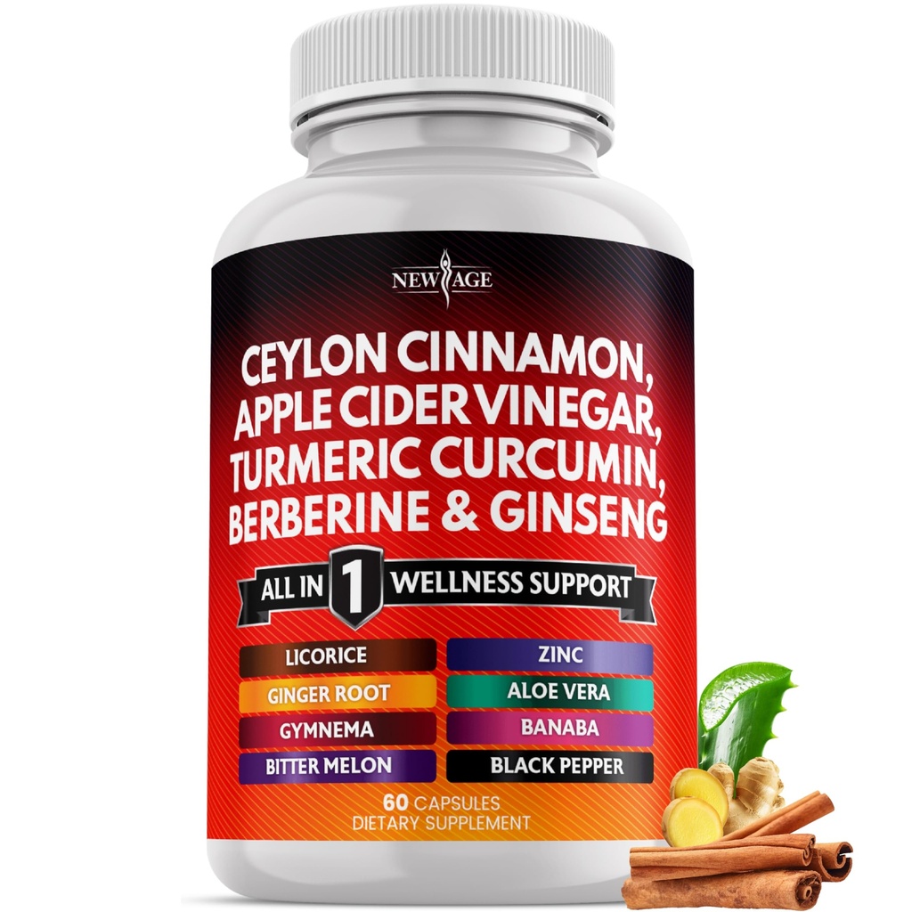 Ceylan Cinnamon, curcuma, vinaigre de cidre de pomme, Ginseng, Aloe Vera, Berberine Plus Banaba, racine de gingembre - 60 Nombre