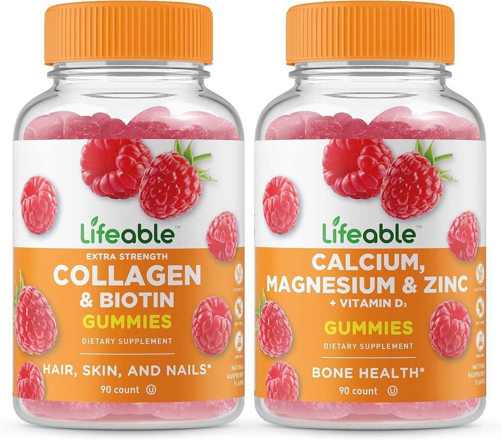 Collagène et biotine à vie + Calcium, Magnésium, Zinc et vitamine D, Gommies - Grande dégustation, supplément de vitamine, sans gluten, sans OGM, gommy à croquer