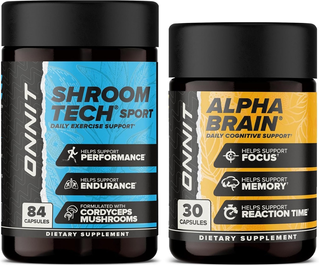 ONNIT Premium Alpha Brain Bundle - Nootropic Brain Supplement (30 Count) for Focus, Concentration & Memory + Shroom Tech Sport for Exercise, Energy & Cardiovascular Performance (84 Count)