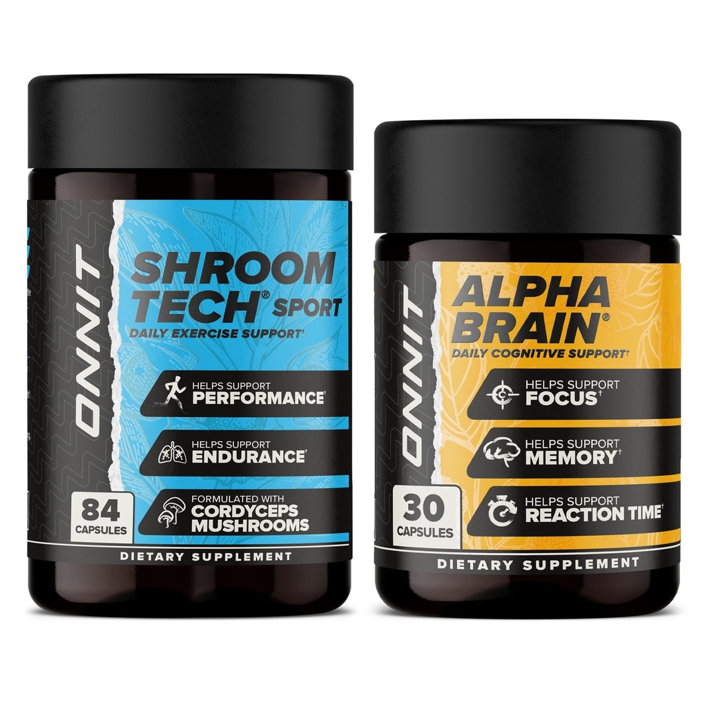 ONNIT Premium Alpha Brain Bundle - Supplément Cerveau Nootropique (30 comtes) pour Focus, Concentration et Mémoire + Shroom Tech Sport pour l'exercice, l'énergie et la performance cardiovasculaire (84 comtes)