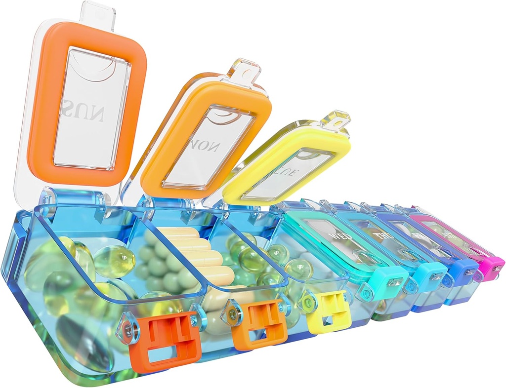 BEXEEN Weekly Medicine Pill Organizer Waterproof 7 Day Large Pill Box Daily Pill Case Cute Vitamine Organizer Portable Pill Container Travel Pills Holder XL Supplément Médicament Dispenser Un par jour
