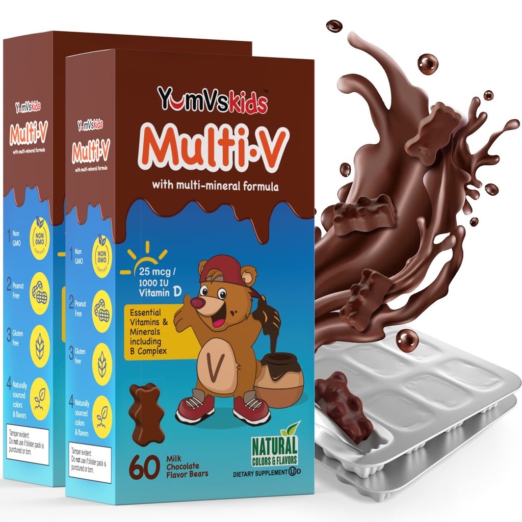 YUM-V'S - Ours au chocolat à croquer multivitamine pour enfants - Supplément multivitamine pour enfants - 16 Vitamines et minéraux - Vitamines incluant le complexe D, Zinc, C, B et plus, 60 Nombre (paquet de 2)
